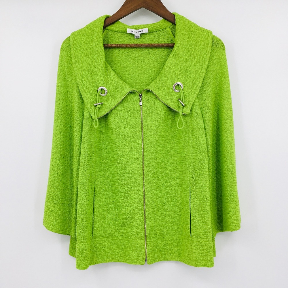 St John Full Zip Cardigan Sweater Sz‎ L Lime Green 3/4 Sleeve Tropical Bright